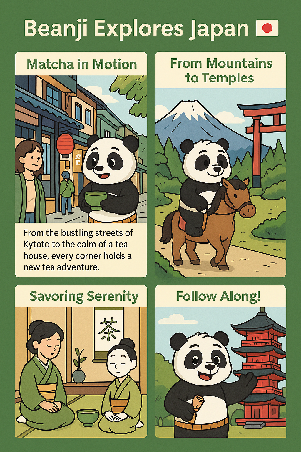 Illustrated comic of panda exploring Japan enjoying tea highlighting organic matcha powder 40g by DC-Tega Tea
