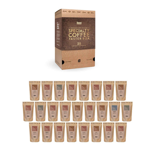The Brew Company premium coffee gift set featuring a specialty coffee taster box with 25 assorted coffee bags