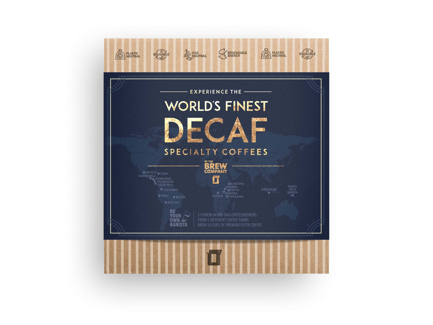 The Brew Company premium decaf coffee gift box with world's finest specialty decaf coffee packaging