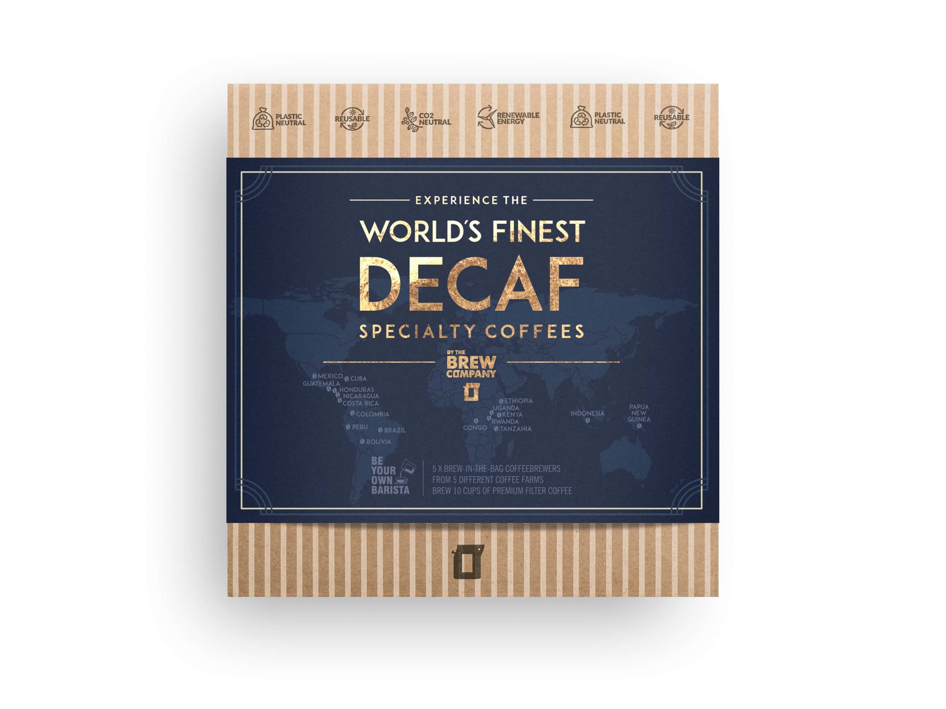 The Brew Company premium decaf coffee gift box with world's finest specialty decaf coffee packaging