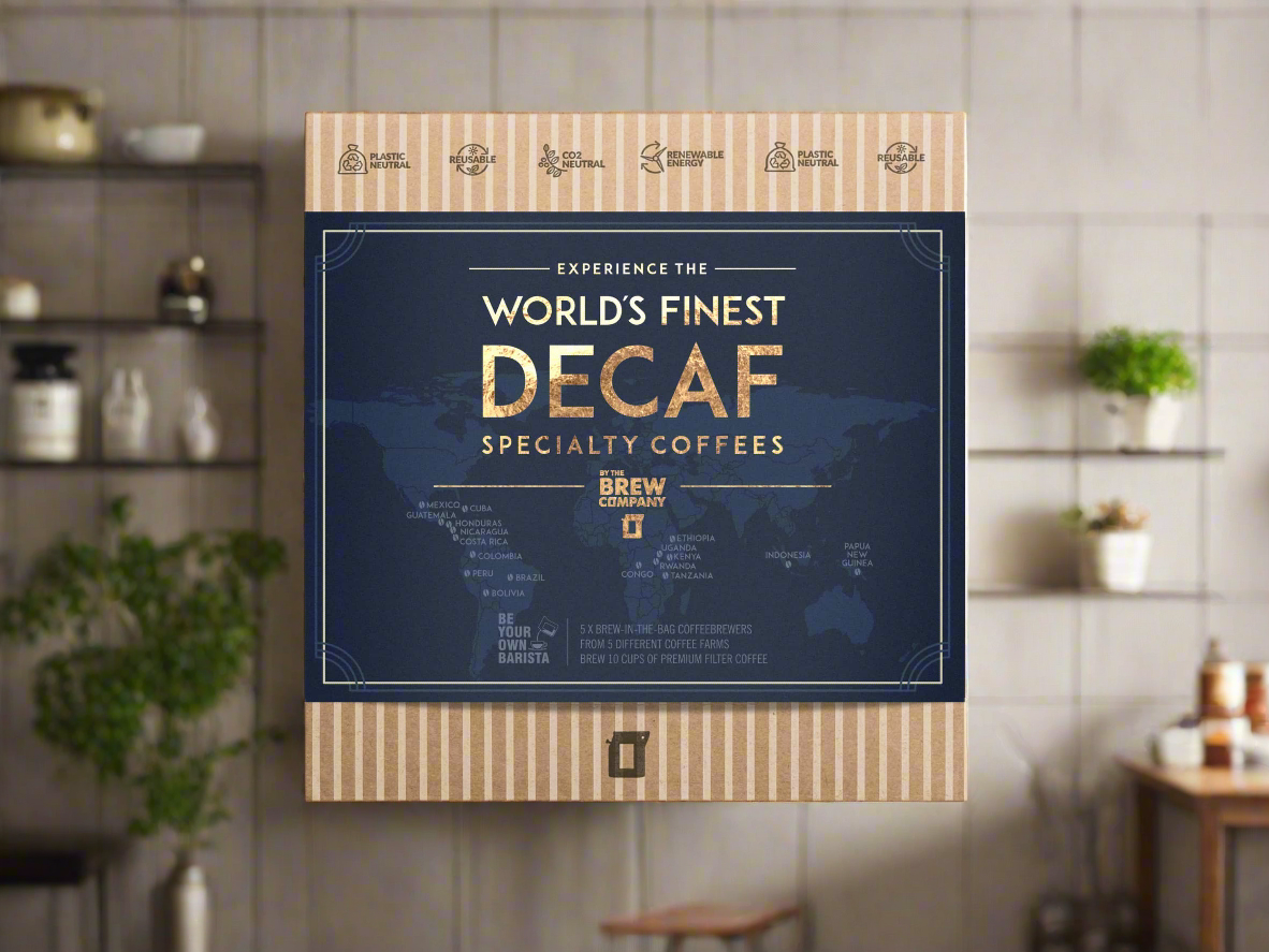 The Brew Company premium decaf coffee gift box with world's finest specialty decaf coffees in striped packaging