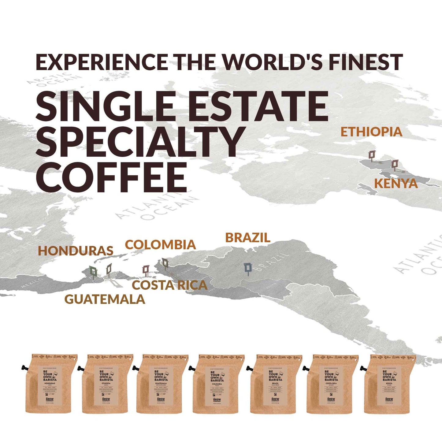 The Brew Company premium decaf coffee gift box featuring single estate specialty coffee from seven countries