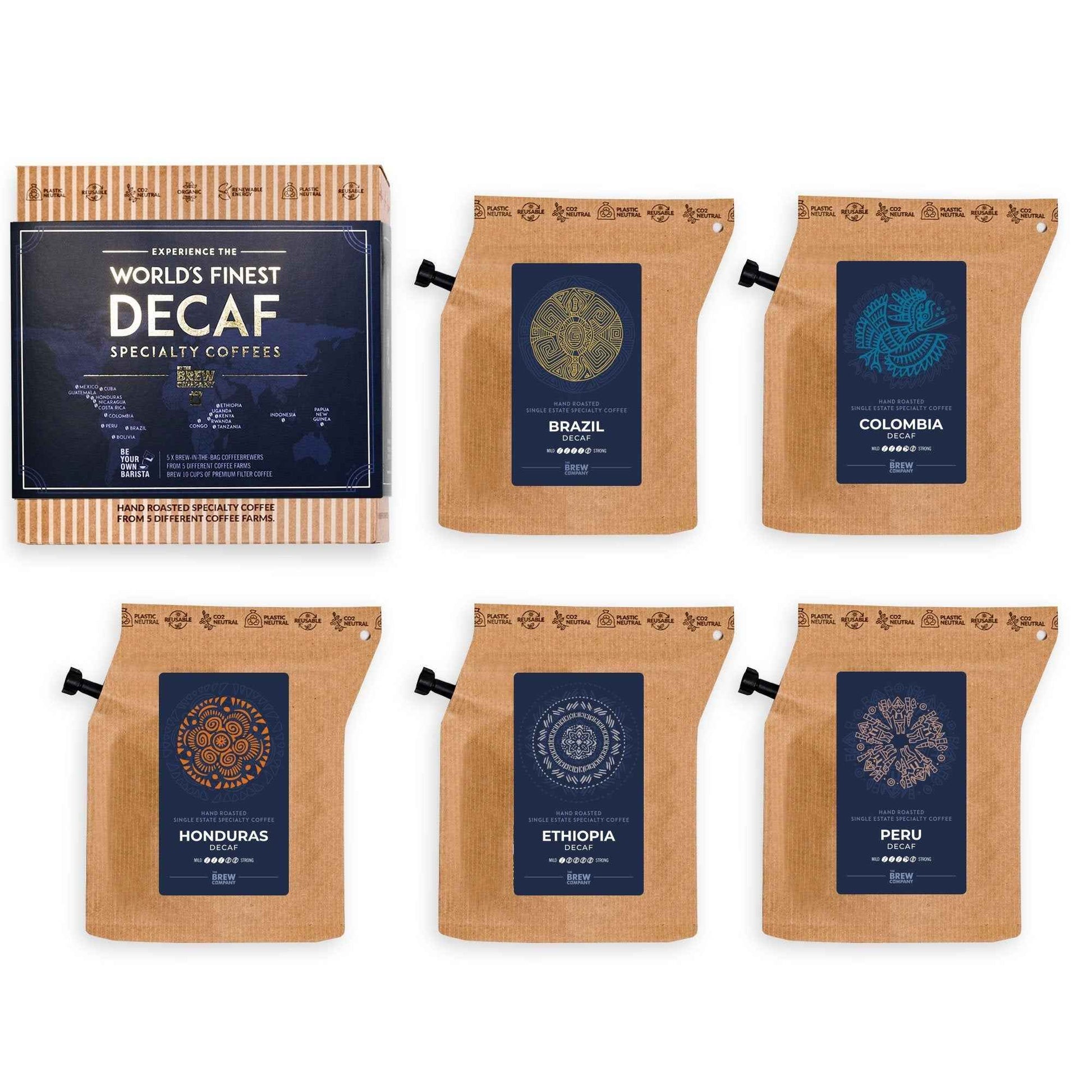 The Brew Company premium decaf coffee gift box with six specialty decaf coffee bags from Brazil Colombia Honduras Ethiopia and Peru