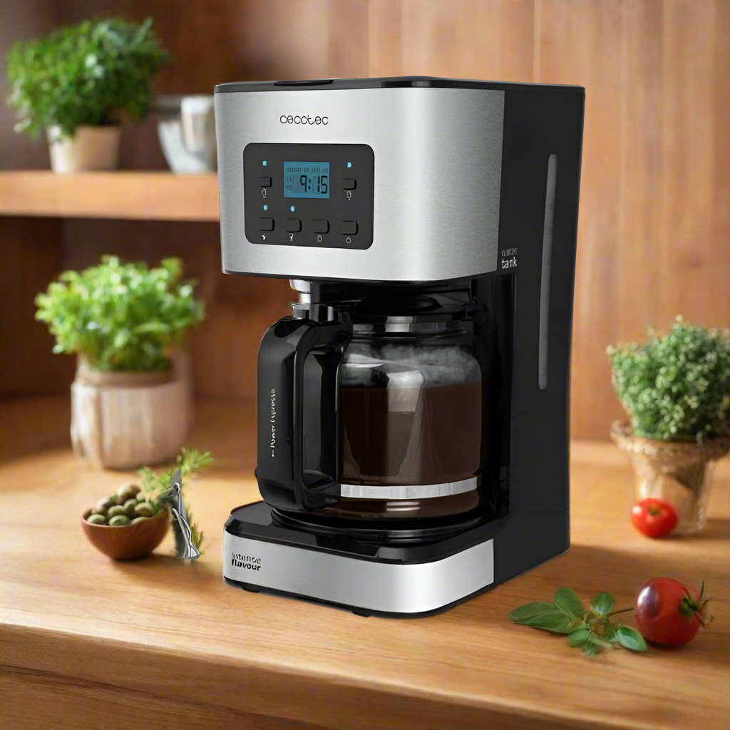 Cecotec coffee maker brewing organic coffee with Cecotec maker on wooden kitchen counter