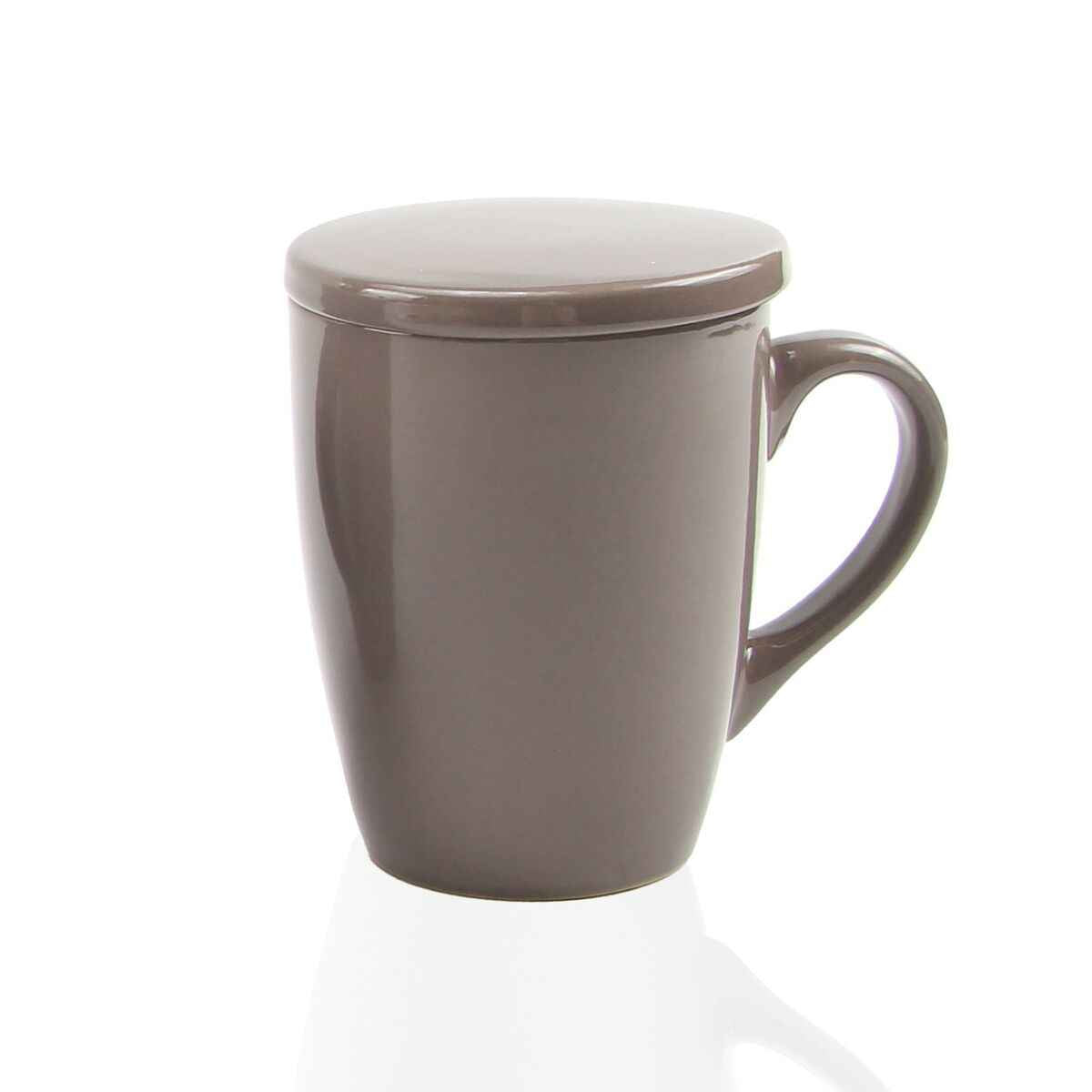 Versa ceramic tea cup with built-in filter in brown with lid and handle for brewing loose leaf tea