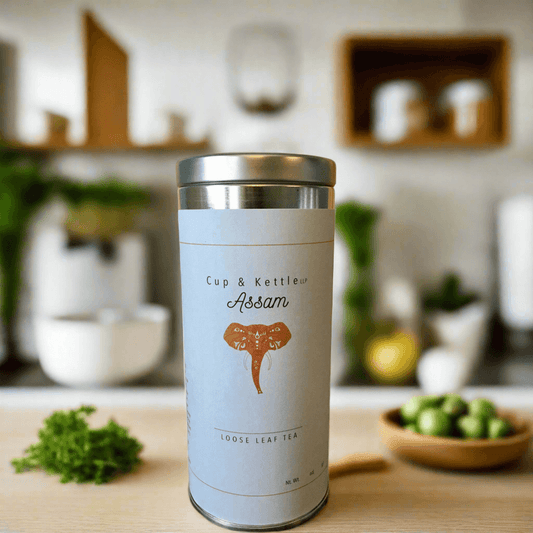 DC-Cup & Kettle Tea organic Assam tea 3 oz loose leaf herbal tea in metal canister on kitchen counter