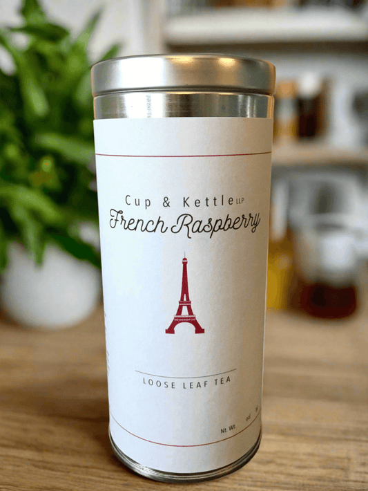 DC-Cup & Kettle Tea organic raspberry loose leaf tea in a white canister with Eiffel Tower design