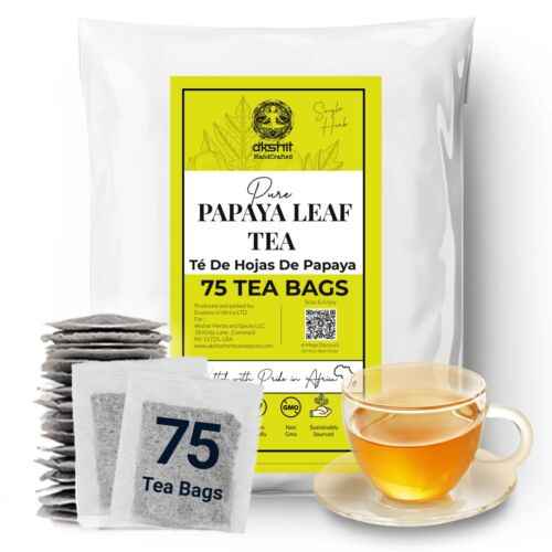 Organic papaya leaf tea pack with 75 tea bags and a clear cup of brewed herbal tea