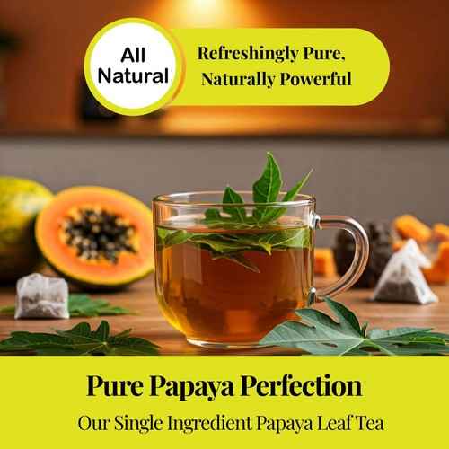 Tea & coffee of the world organic papaya leaf tea in a clear glass cup with fresh papaya and leaves