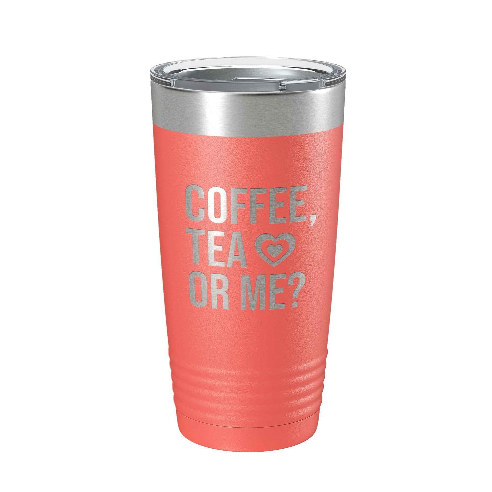 CarveBright eco-friendly coffee tumbler in coral with silver lid and coffee tea or me text