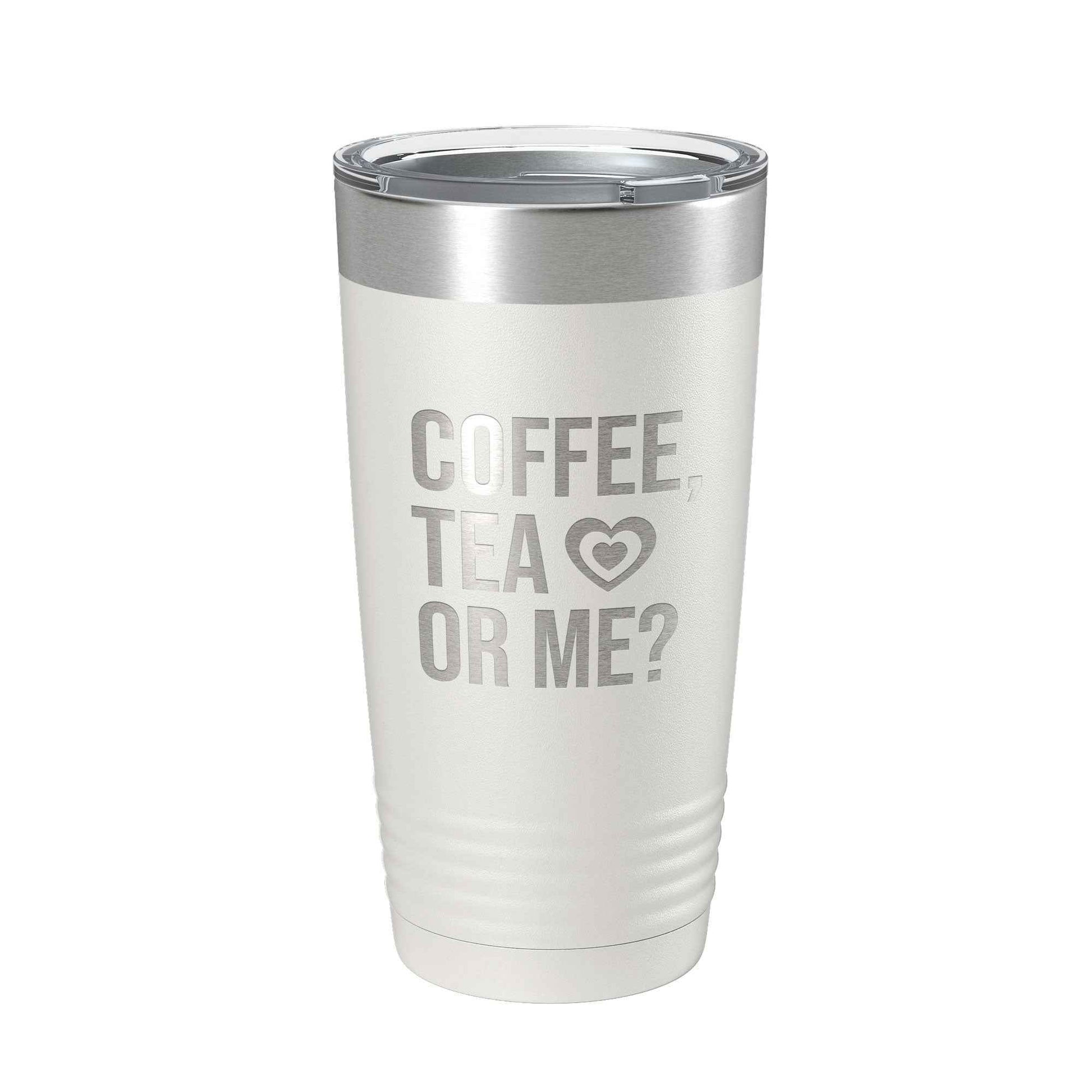CarveBright eco-friendly coffee tumbler in white with silver lid and coffee tea or me text
