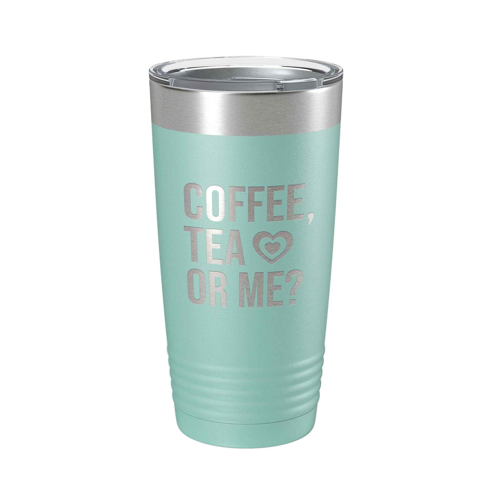 CarveBright eco-friendly coffee tumbler in mint green with silver lid and coffee tea or me text