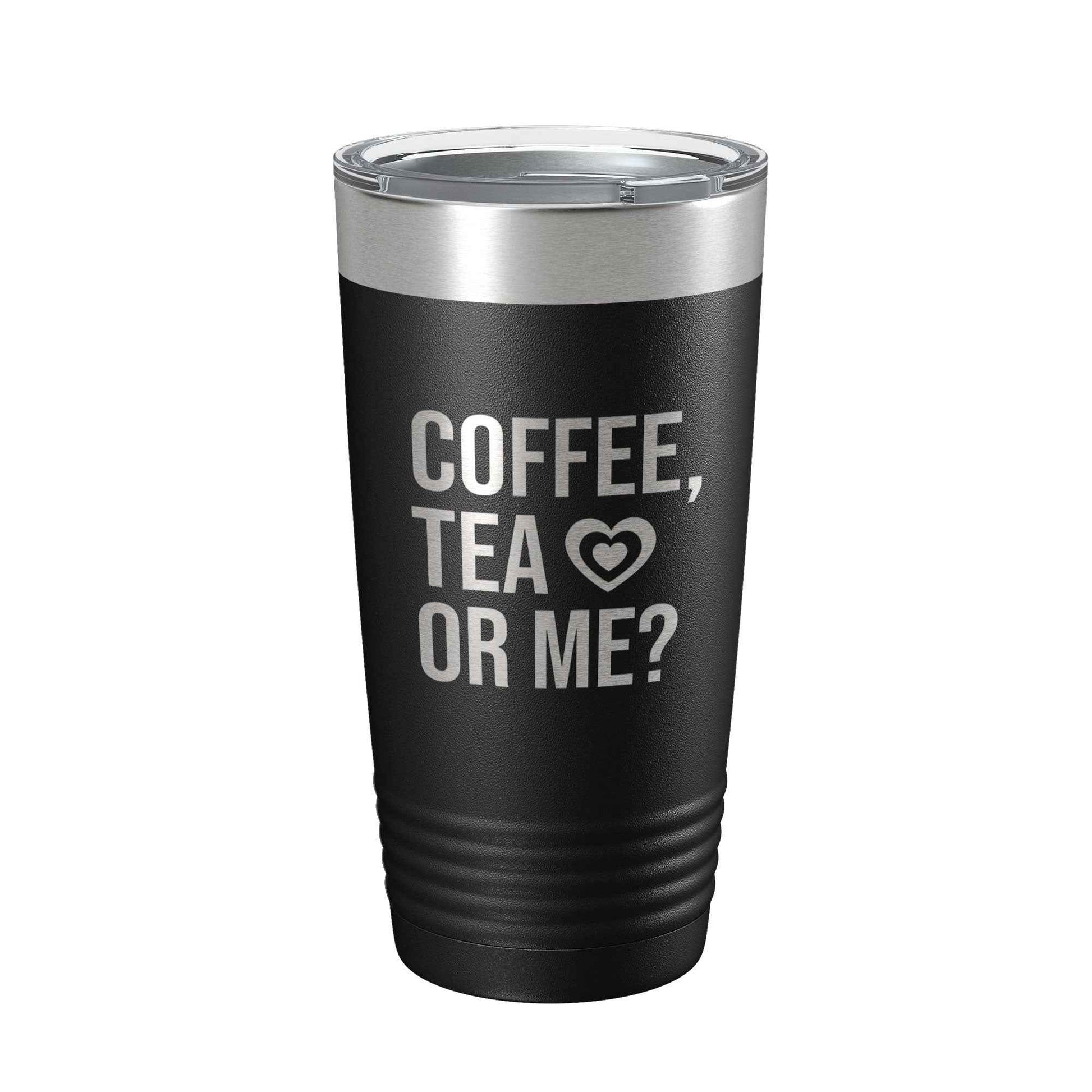 CarveBright eco-friendly coffee tumbler in black with silver lid and Coffee Tea or Me text