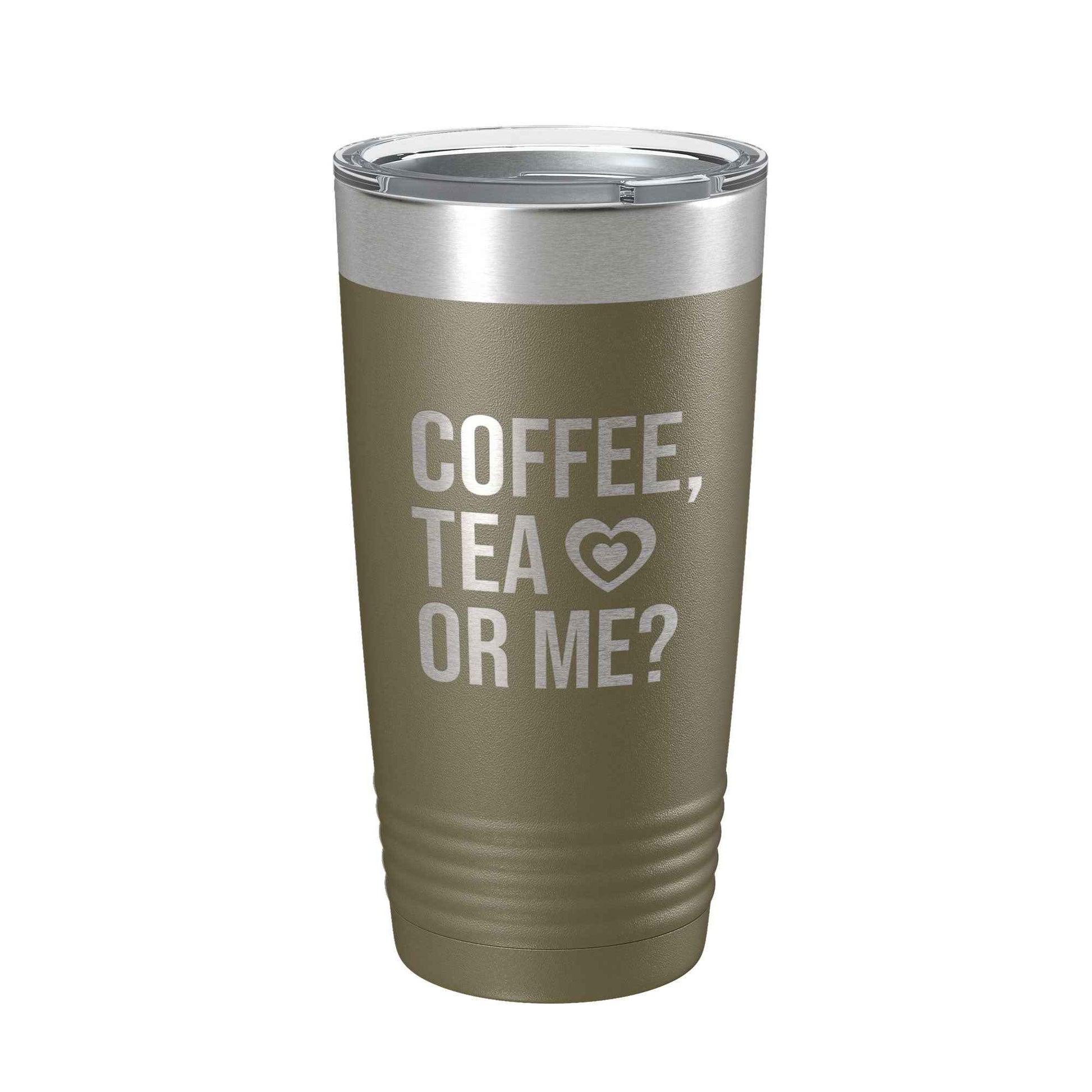 CarveBright eco-friendly coffee tumbler in olive green with silver lid and coffee tea or me text