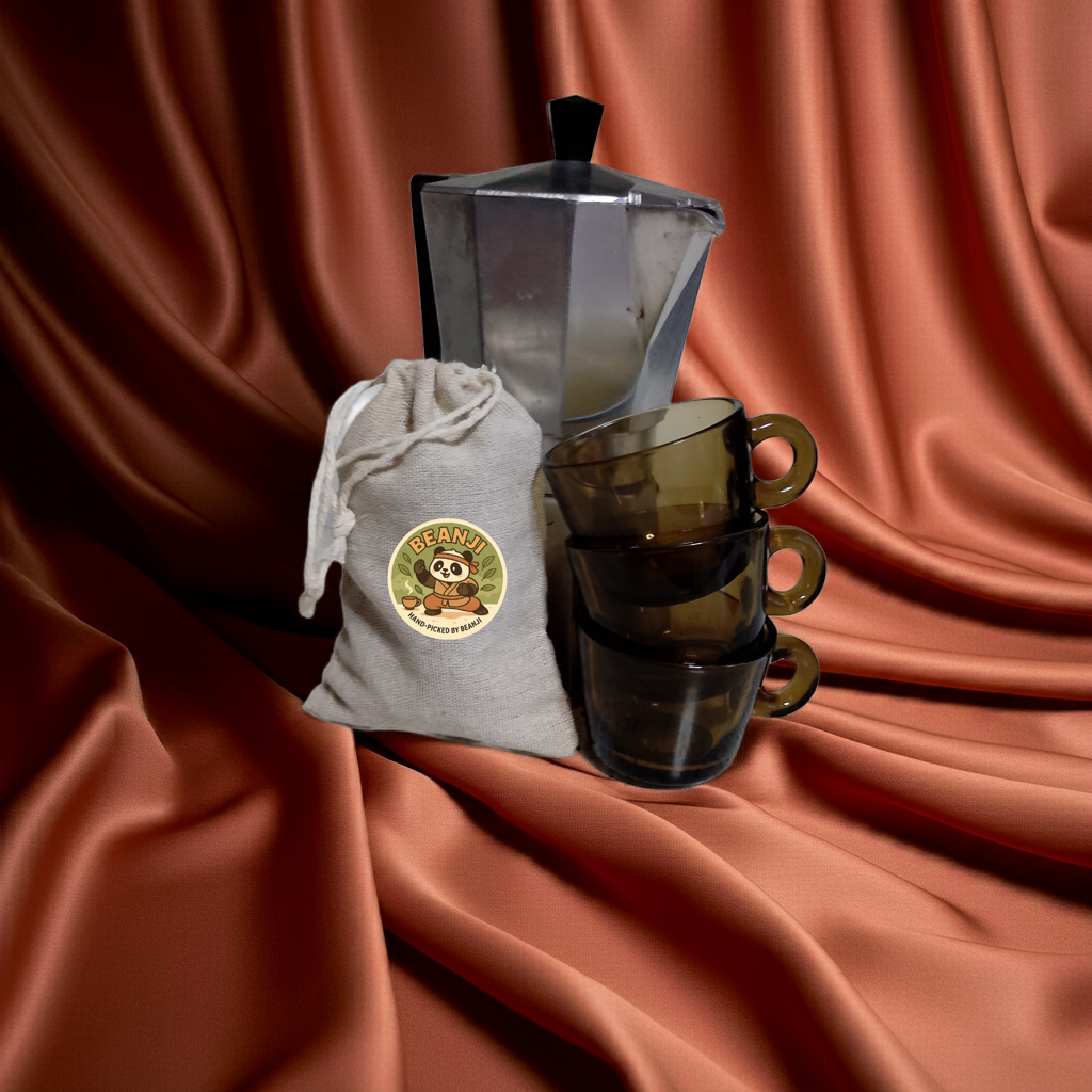 Tea & Coffee of the World exclusive European coffee beans with moka pot and stacked glass cups on brown satin