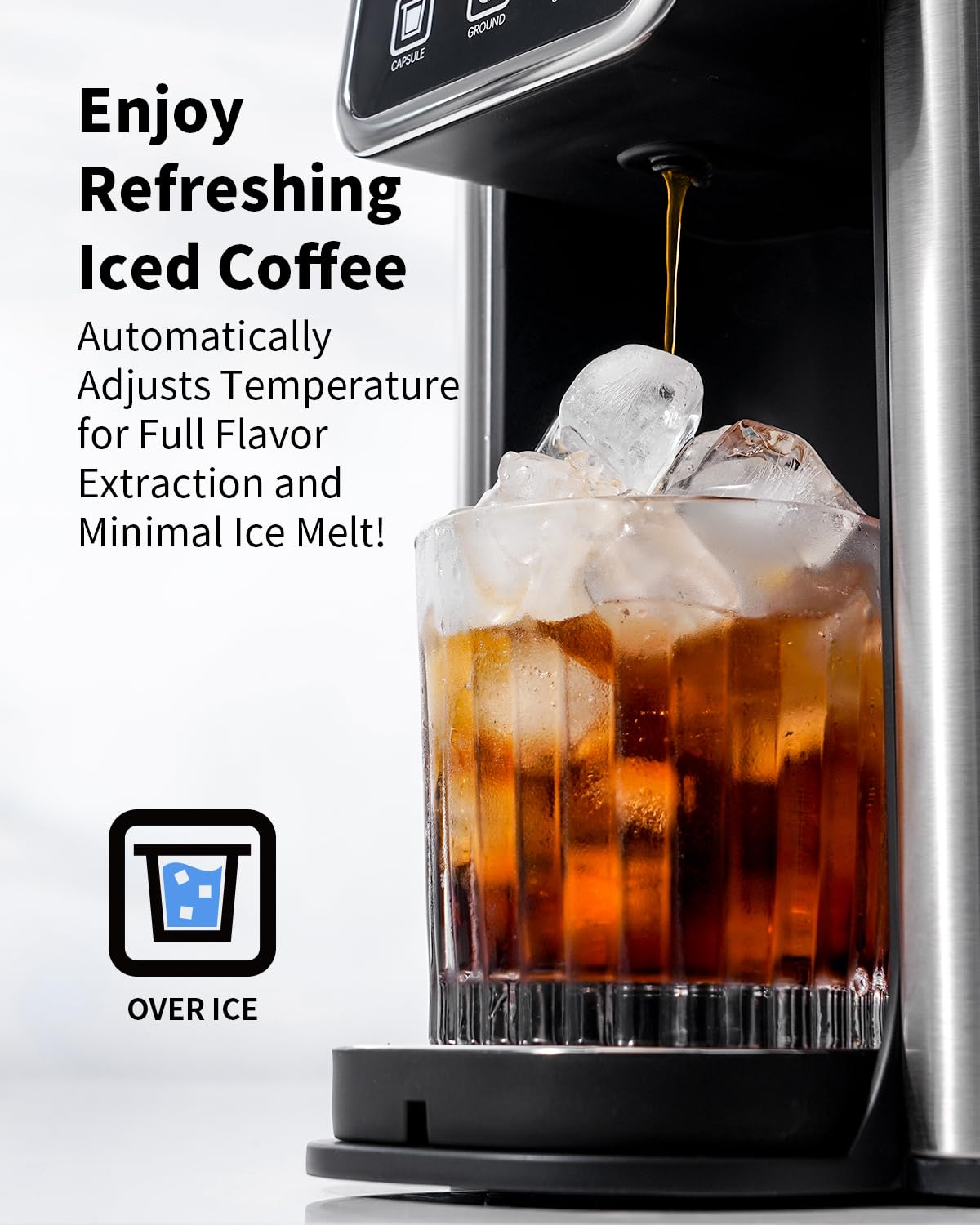 Tea and Coffee of the World hot and iced coffee machine brewing iced coffee with ice cubes in clear glass
