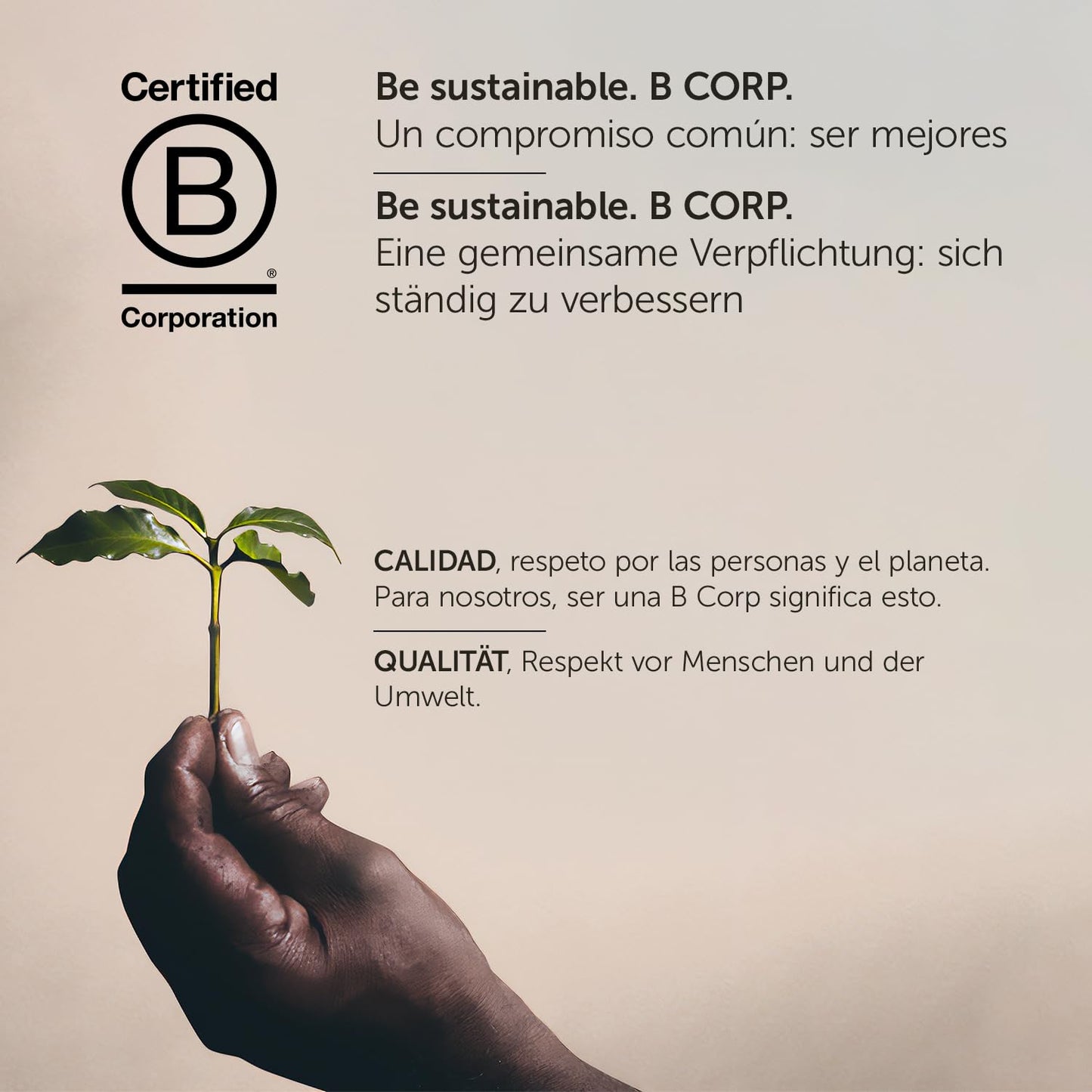 Illy ground espresso coffee from Tea and Coffee of the World showing sustainability certification with hand holding a small plant