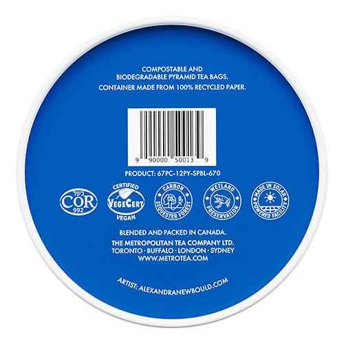 Back label of DC-Tega Tea Boston Tea Party luxury black tea container with eco-friendly certifications