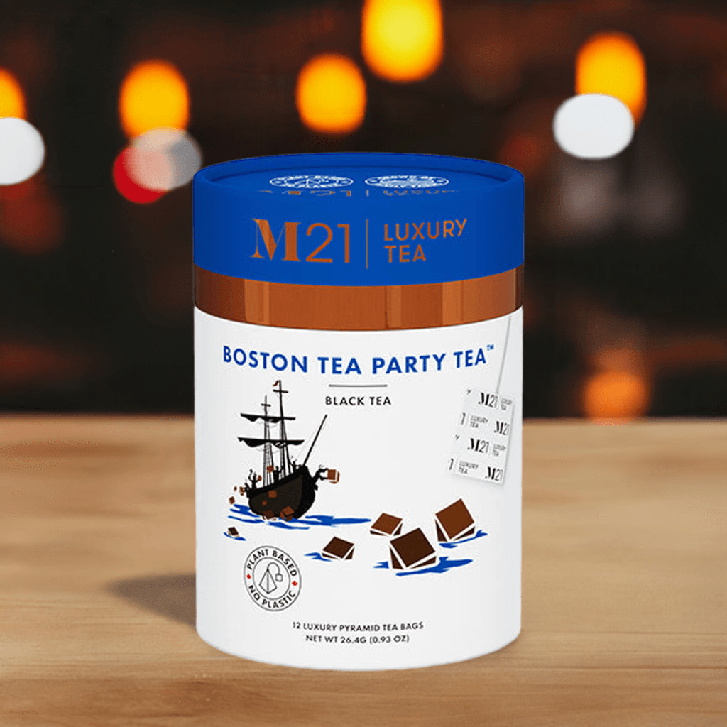 DC-Tega Tea Boston Tea Party luxury black tea with 12 luxury pyramid tea bags in a blue and white container