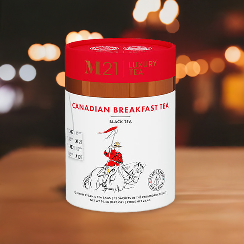 DC-Tega Tea Canadian Breakfast Black Tea luxury pyramid tea bags in red and white container