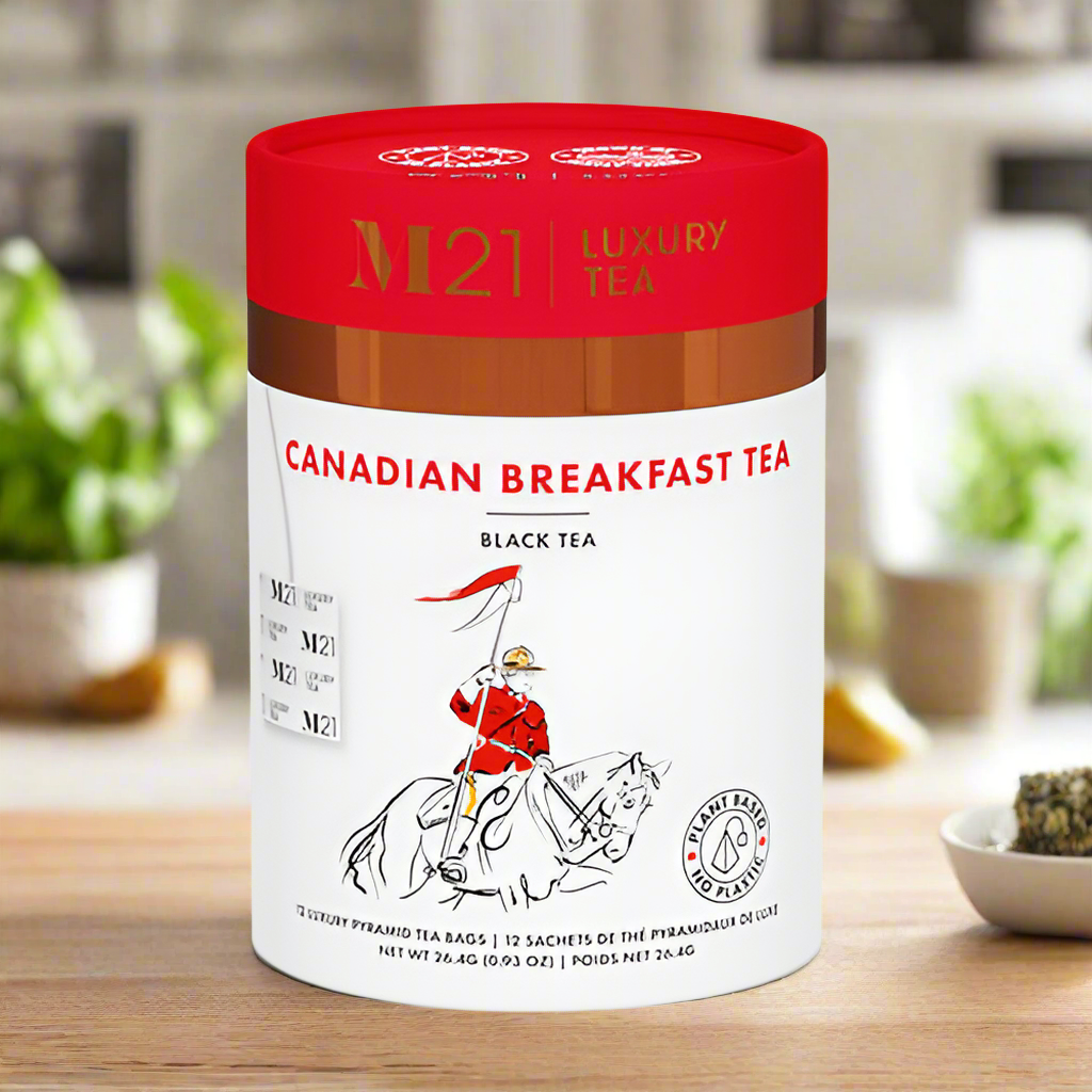 DC-Tega Tea Canadian Breakfast Black Tea luxury herbal tea in a red and white cylindrical container
