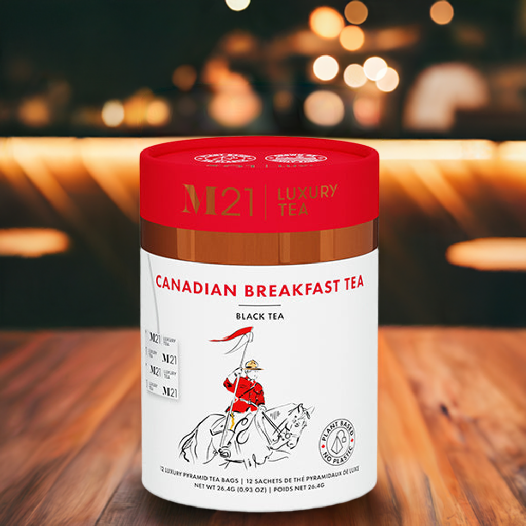 DC-Tega Tea Canadian Breakfast Black Tea luxury packaging with red and white label on wooden table