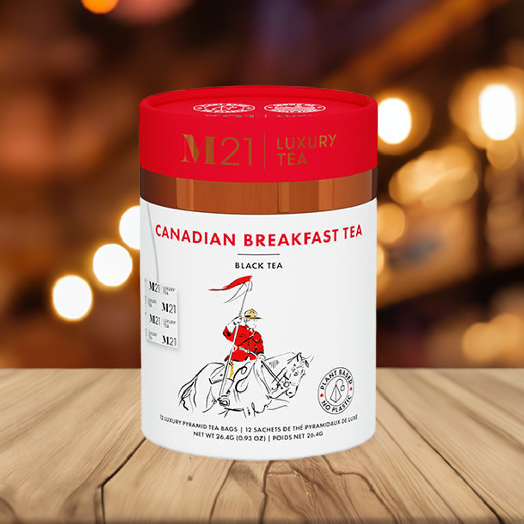 DC-Tega Tea Canadian Breakfast Black Tea luxury tea container with red lid on wooden surface
