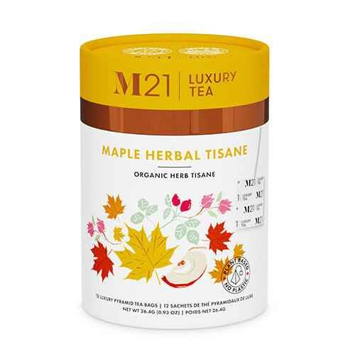 DC-Tega Tea Maple luxury herbal tea in white and yellow container with autumn leaf design
