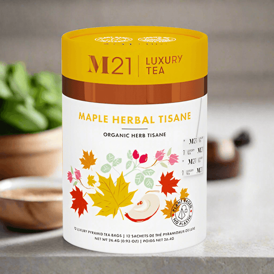 DC-Tega Tea Maple luxury herbal tea container with autumn leaf design and organic herbal tisane