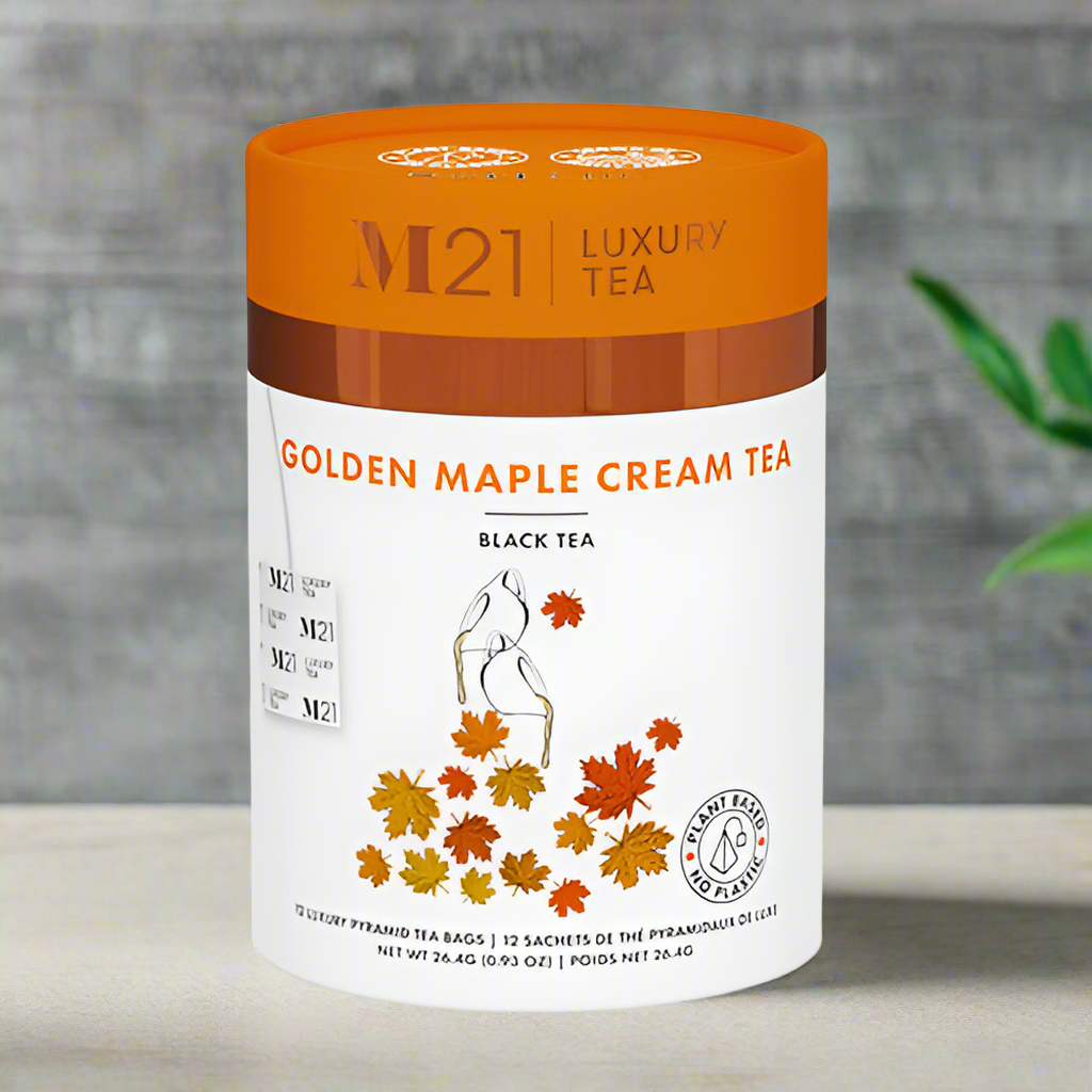 DC-Tega Tea M21 Luxury Golden Maple Cream Tea in Organic Maple Tea Bags container with autumn leaves design