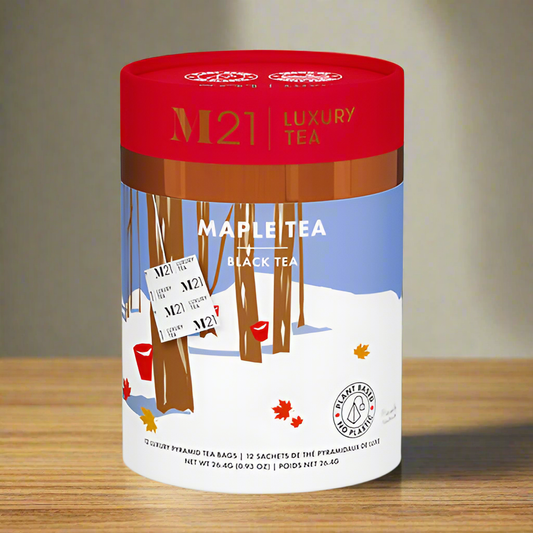 DC-Tega Tea M21 Luxury Organic Maple Tea black tea in a decorative canister with a red lid