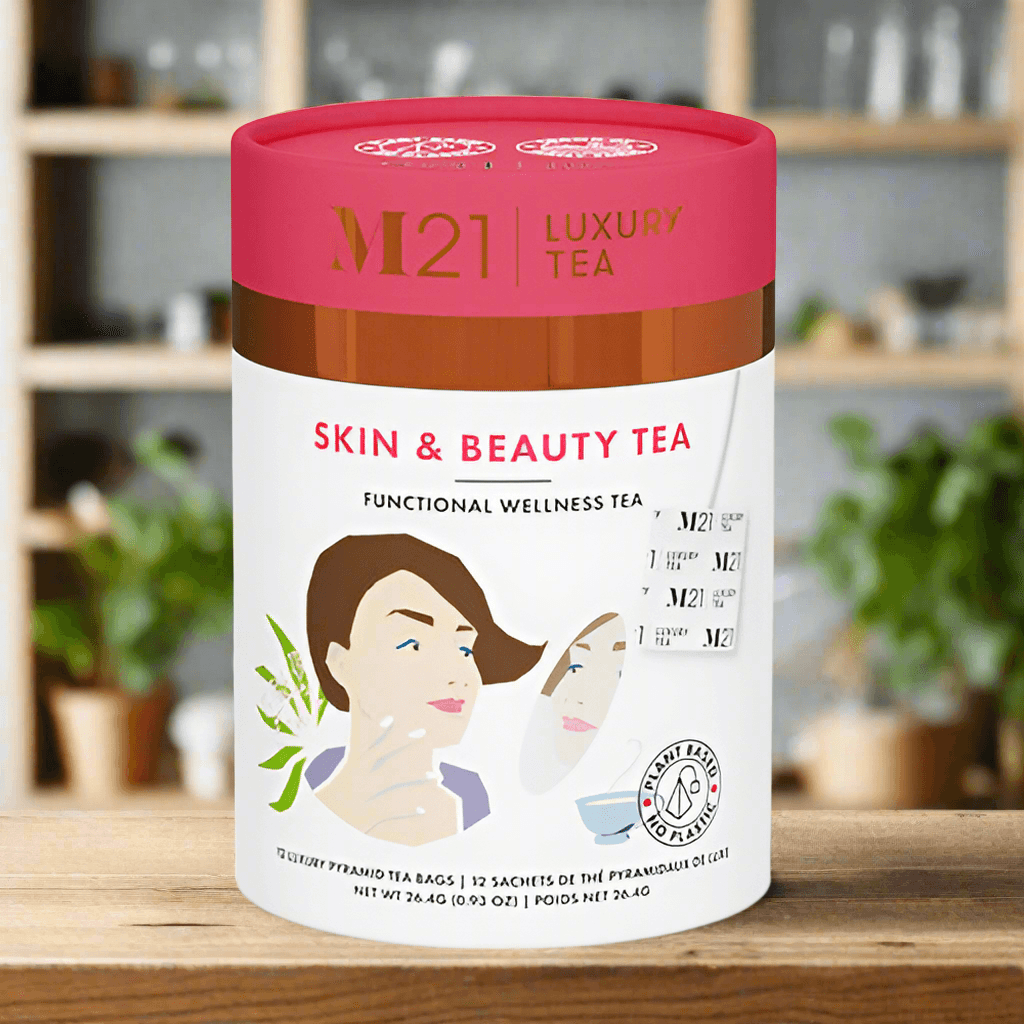 DC-Tega Tea premium wellness tea canister with Skin and Beauty Herbal Tea in stylish packaging