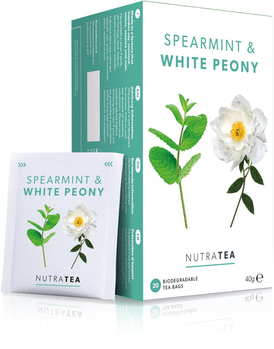 Spearmint and white peony tea box and tea bag by Tea and Coffee of the World with biodegradable tea bags