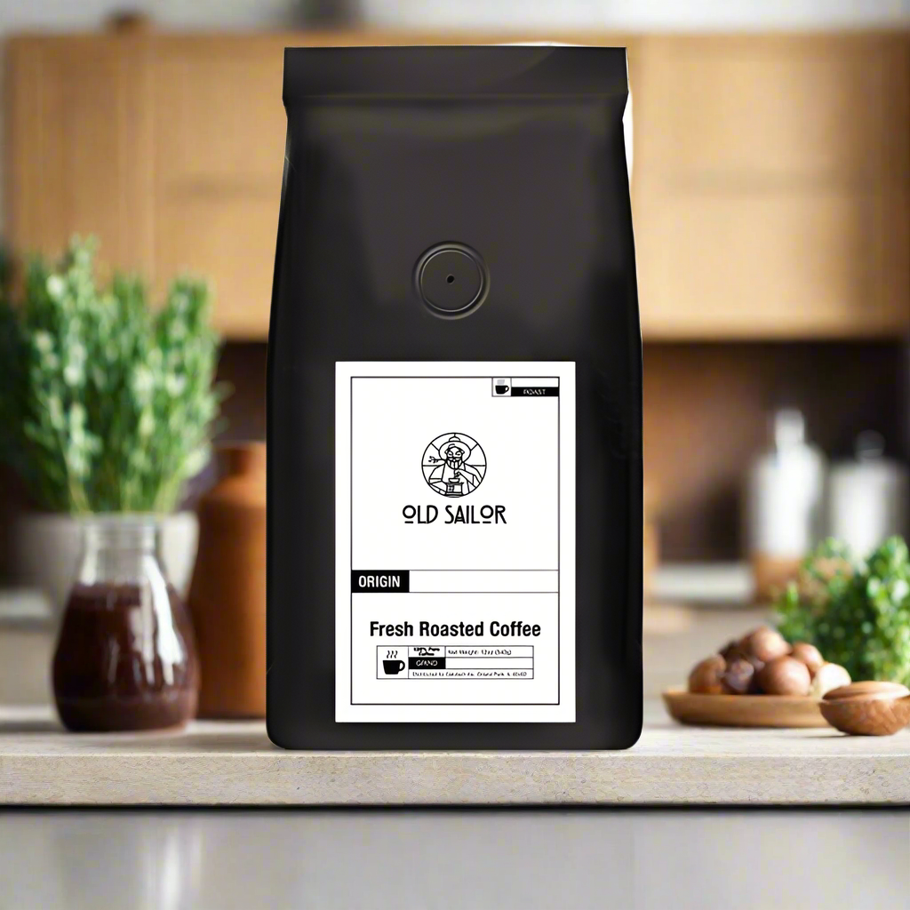 Temecula Coffee Roasters black bag of organic Ethiopian coffee beans with fresh roasted label on kitchen counter