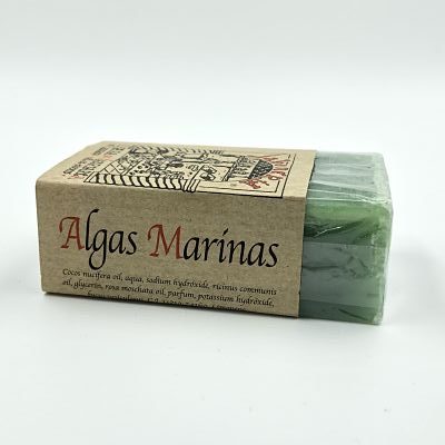Tea & Coffee of the World organic seaweed bath soap bar with natural packaging and green soap visible