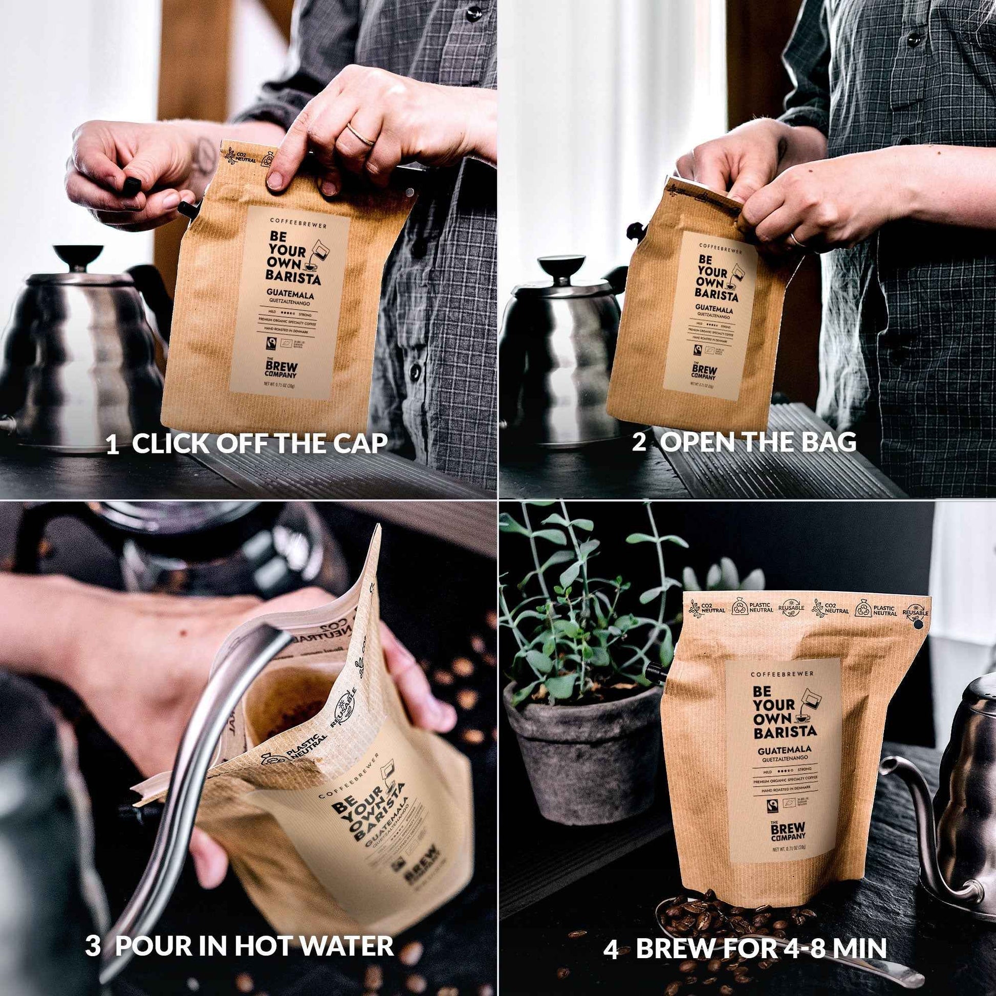 Step-by-step guide showing specialty organic coffee gifts from The Brew Company being brewed in four steps