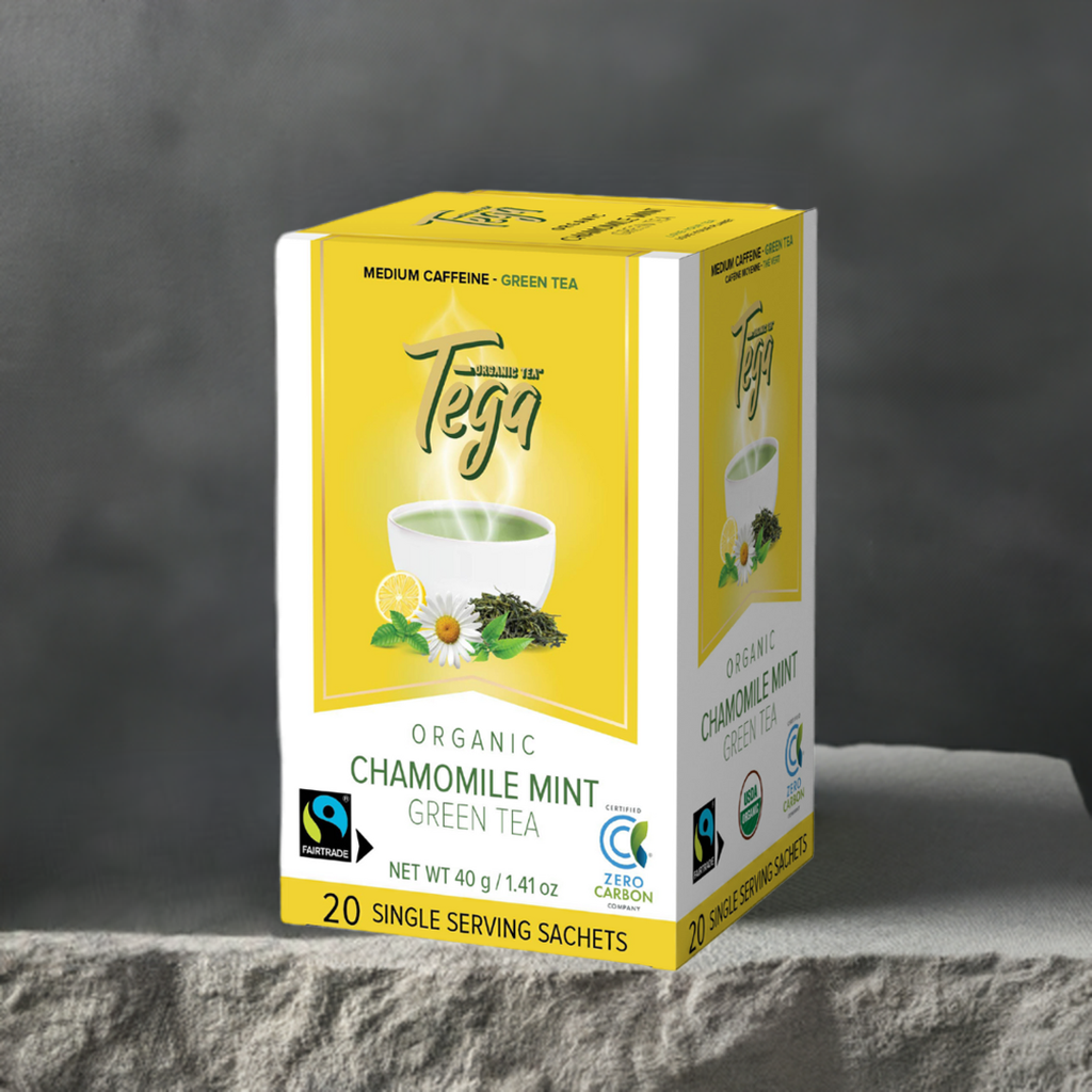 DC-Tega Tea organic chamomile mint green tea box with 20 single serving sachets and citrus infused herbal green tea
