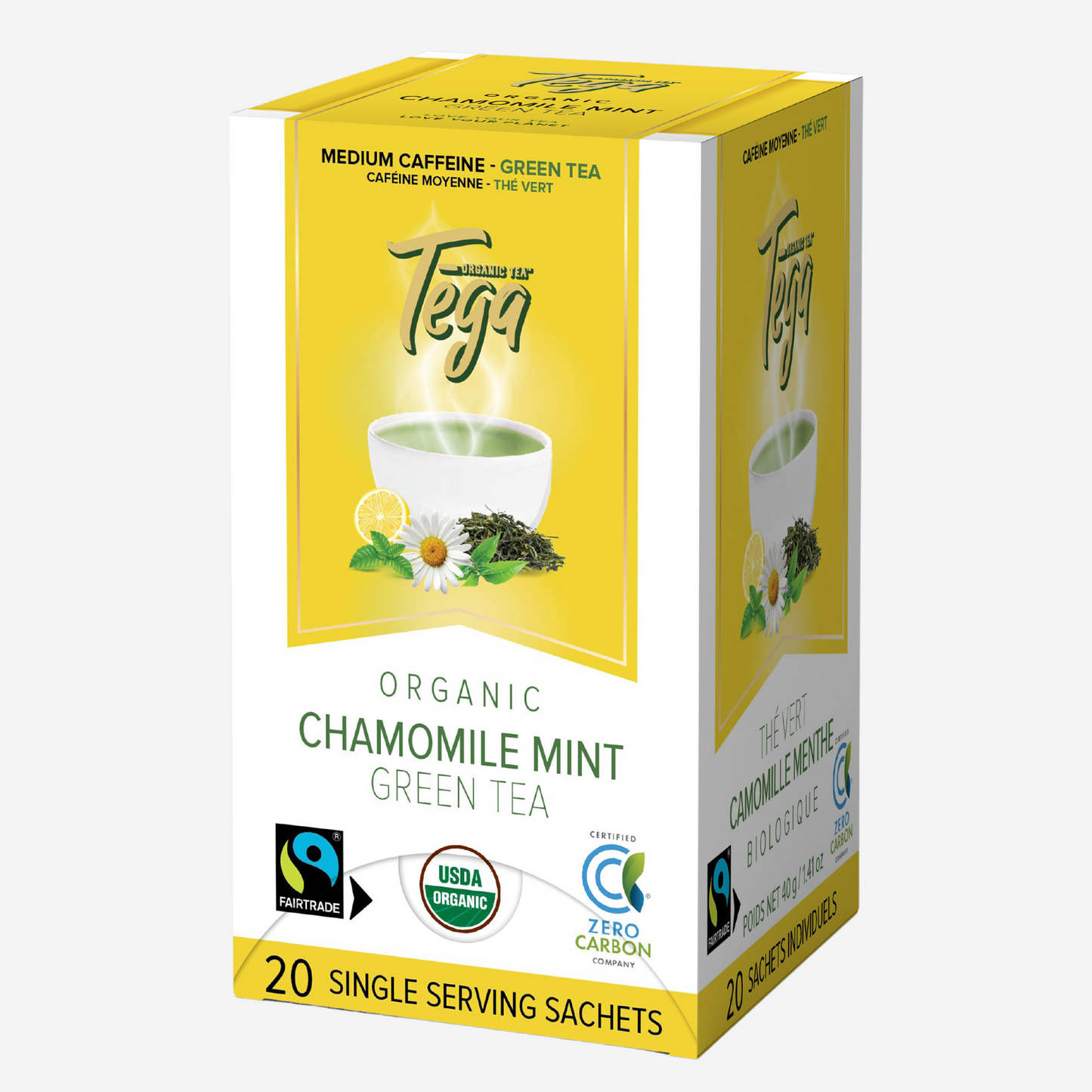 DC-Tega Tea organic chamomile mint green tea box with 20 single serving sachets citrus infused herbal green tea