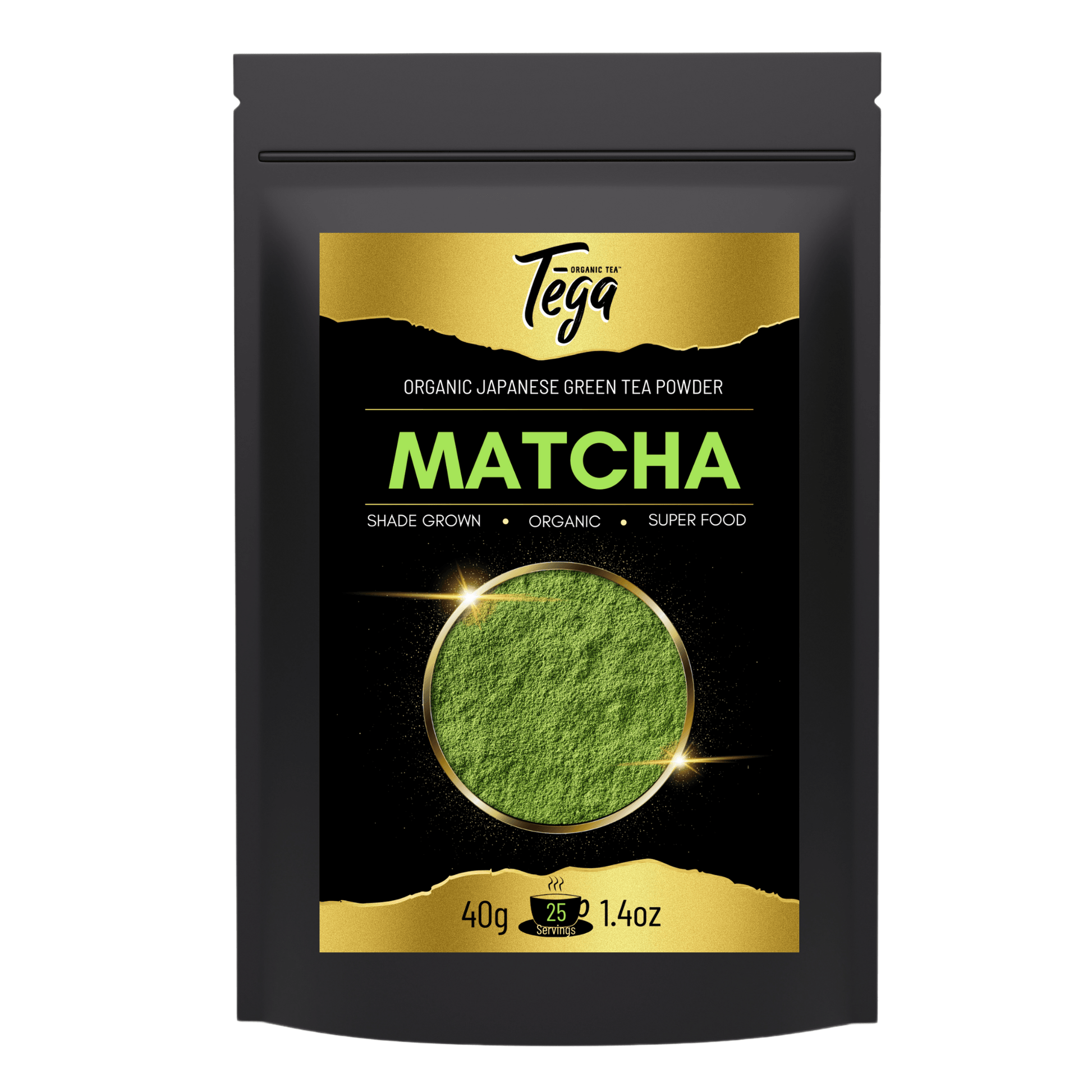 DC-Tega Tea organic matcha powder 40g in black and gold resealable pouch with vibrant green tea powder