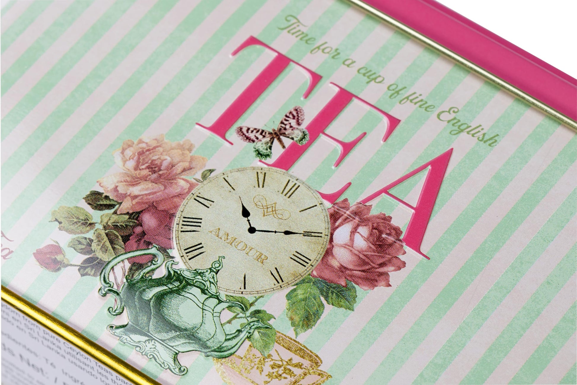 English tea in vintage tin with floral and clock design by Tea and Coffee of the World