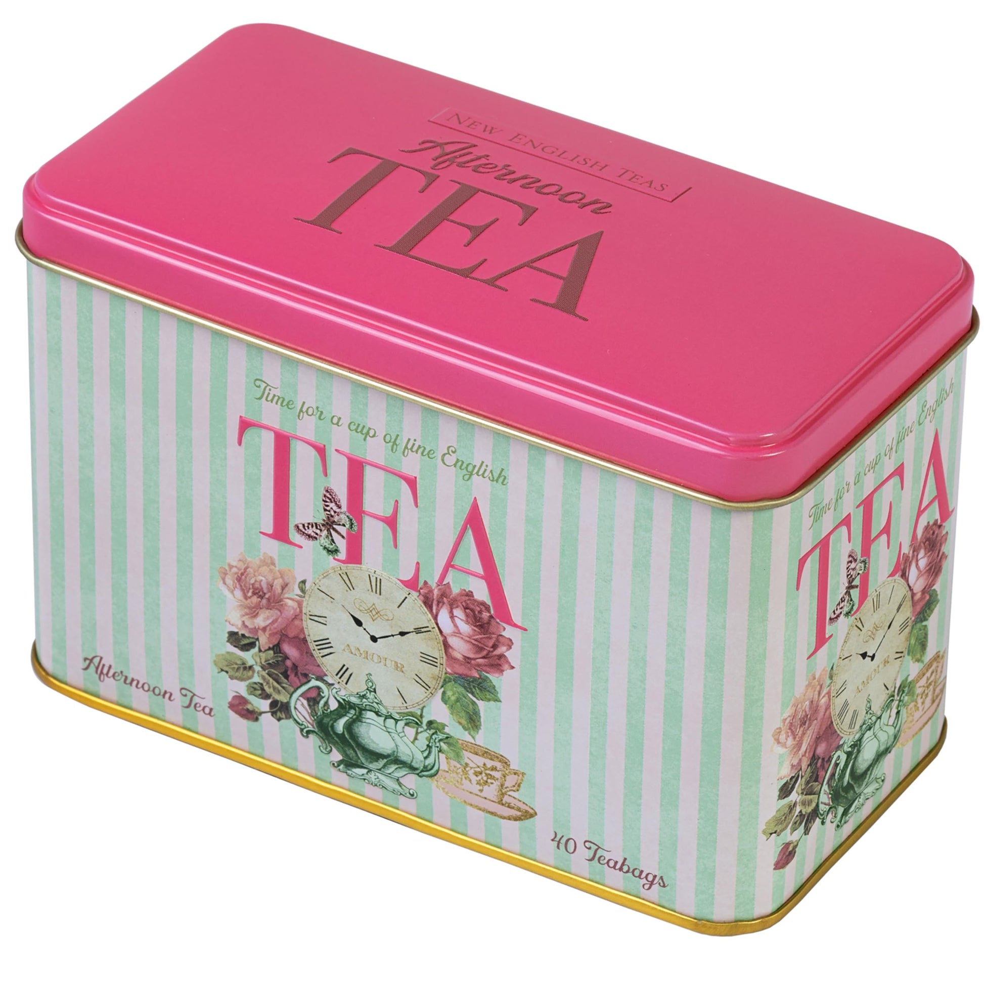 English tea in vintage tin with pink lid and floral clock design by Tea and Coffee of the World
