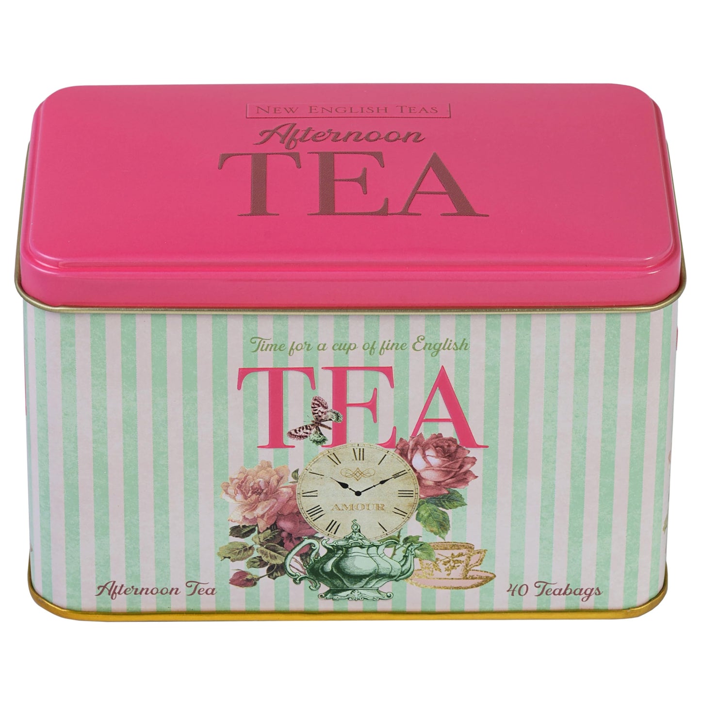 English tea in vintage tin with floral design and clock motif from Tea and Coffee of the World