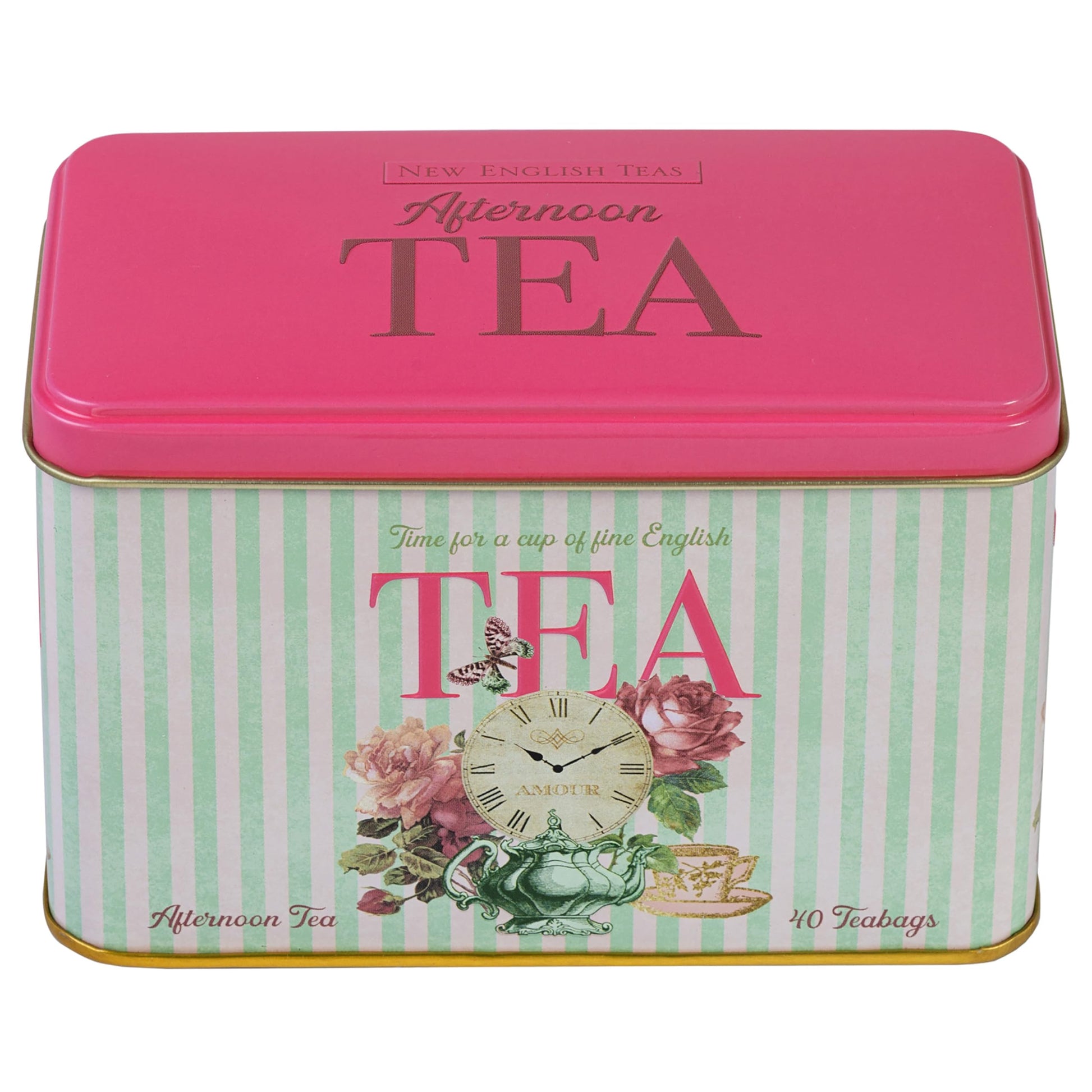 English tea in vintage tin with floral design and clock motif from Tea and Coffee of the World