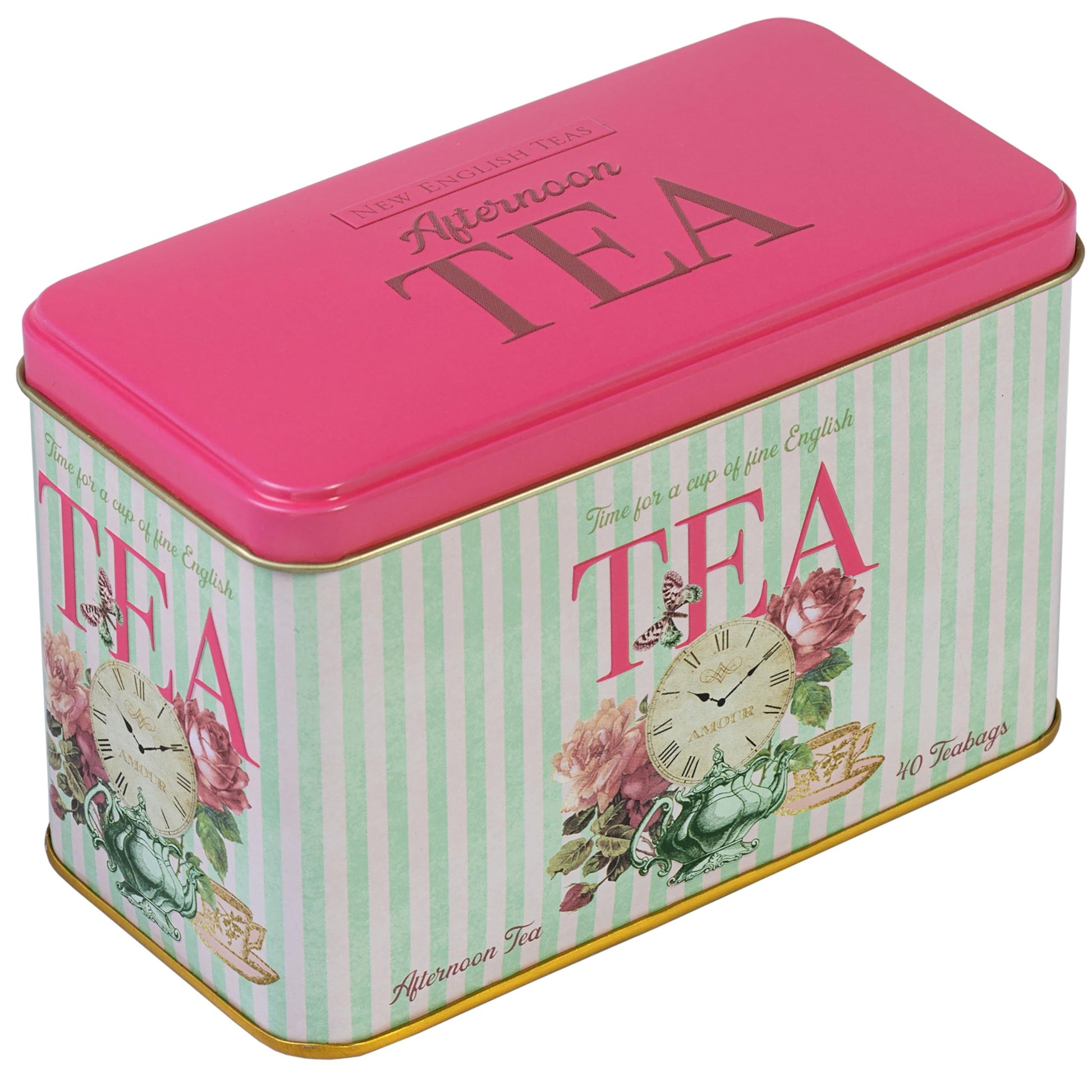 English tea in vintage tin with floral clock design and pink lid by Tea and Coffee of the World