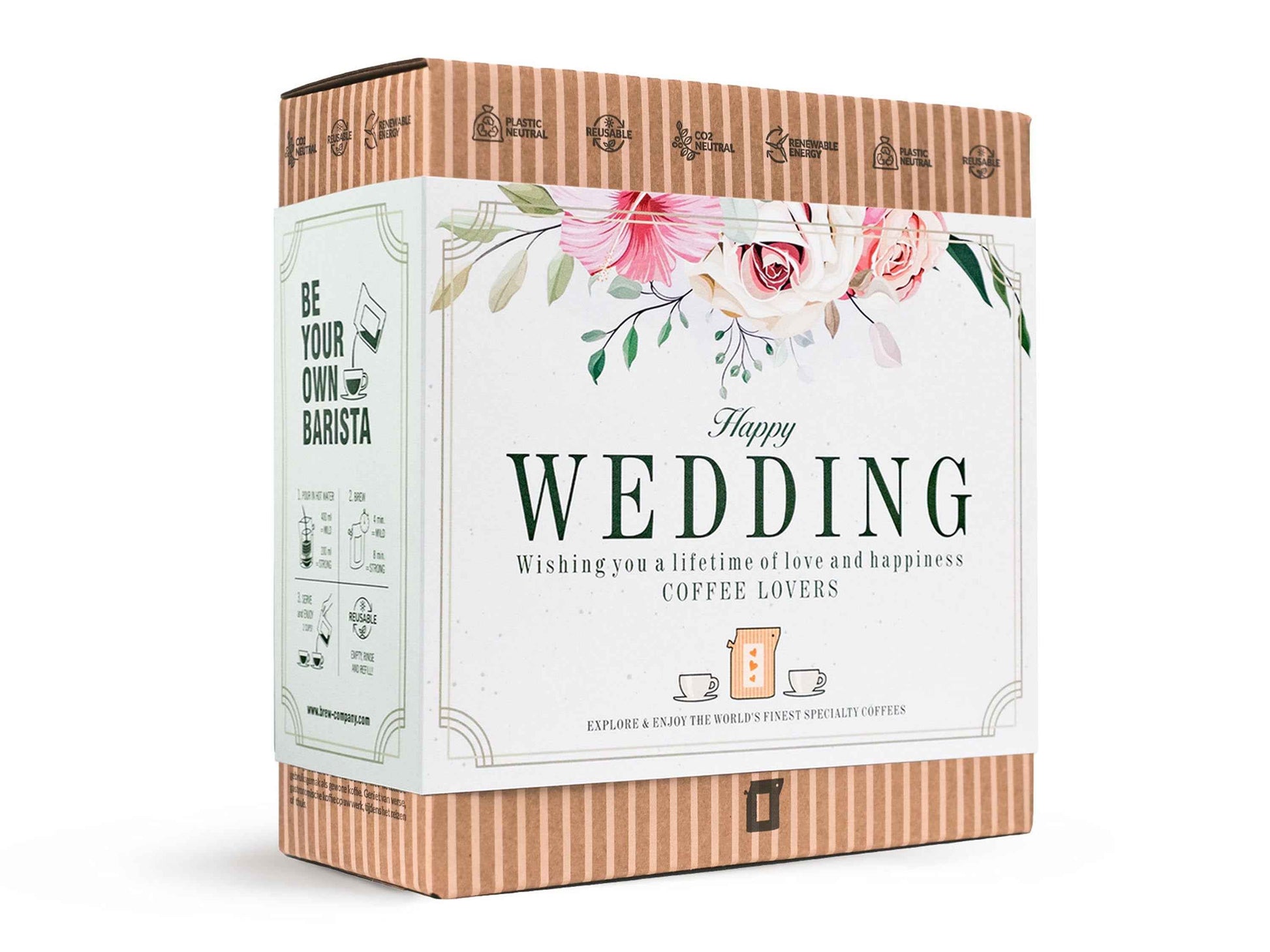 The Brew Company wedding gift box with floral design featuring specialty organic coffee gifts for coffee lovers