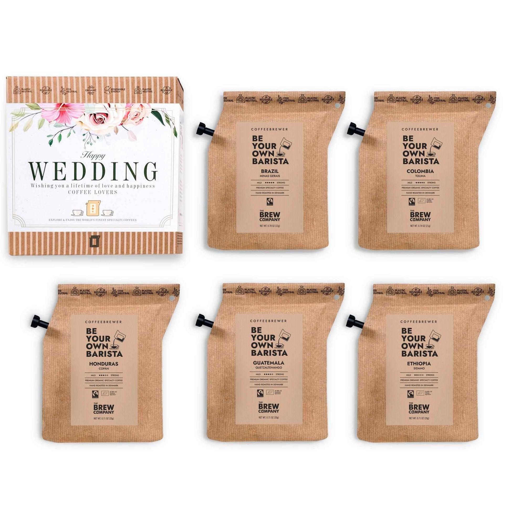 The Brew Company wedding gift box with specialty organic coffee gifts including Brazil Colombia Honduras Guatemala and Ethiopia blends