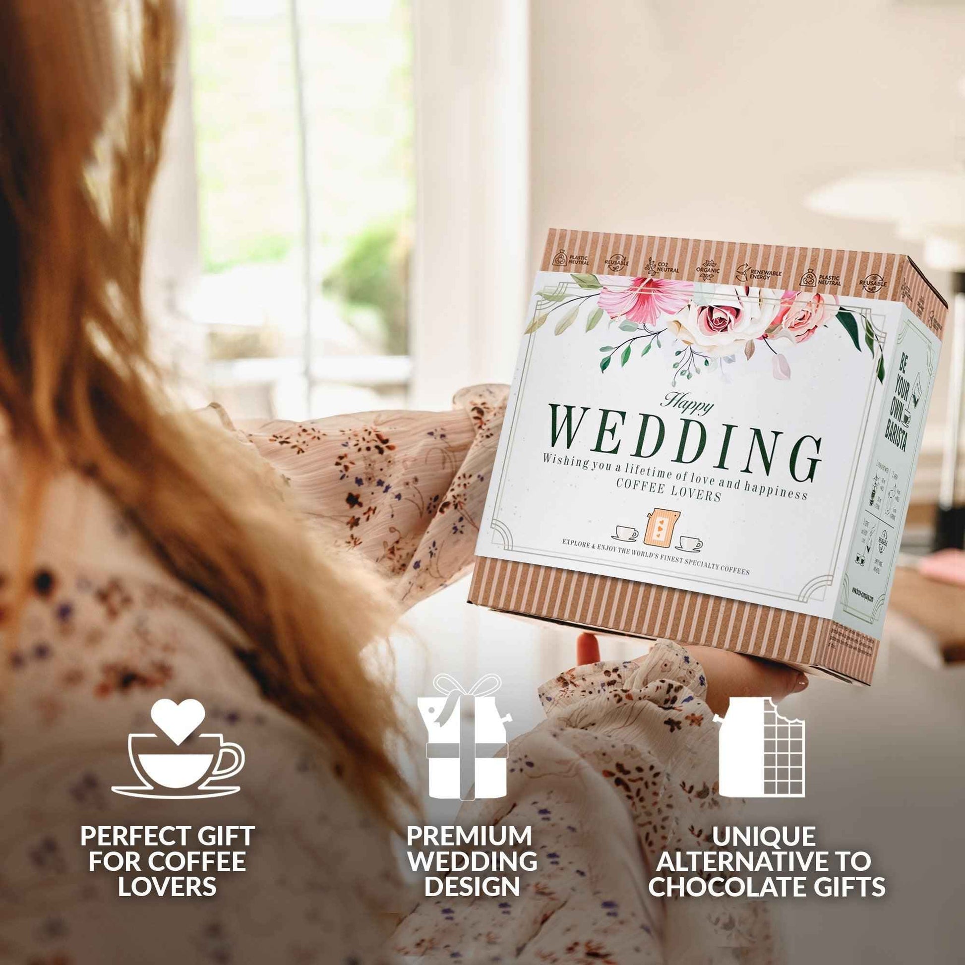 The Brew Company specialty organic coffee gifts wedding-themed gift box with floral design perfect for coffee lovers
