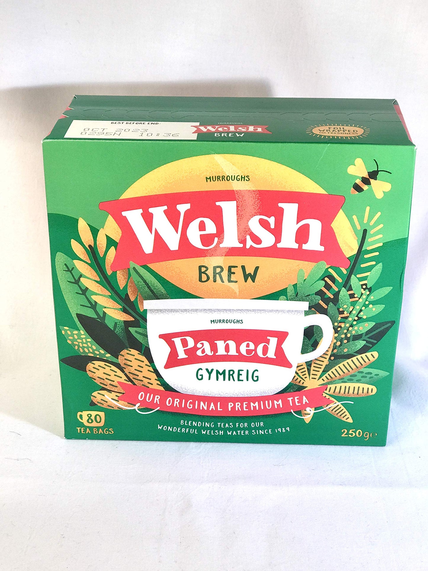 Box of Welsh Brew black tea with 80 tea bags by Tea and Coffee of the World 250g packaging
